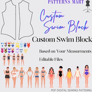Custom Based on Your Measurements Female SwimWear Sewing Block Pattern. Files PDF and Ai. Download to sew diy