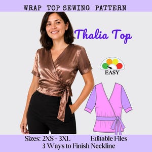 Könnte beinhalten: Ein Schnittmuster für eine Thalia-Wickelbluse mit kurzen Ärmeln und Bindegürtel. Das Schnittmuster umfasst die Größen 2XS bis 3XL, bearbeitbare Dateien und drei Möglichkeiten zur Halsausschnittverarbeitung. Eine Grafik zeigt das Oberteil in Pink und Lila.