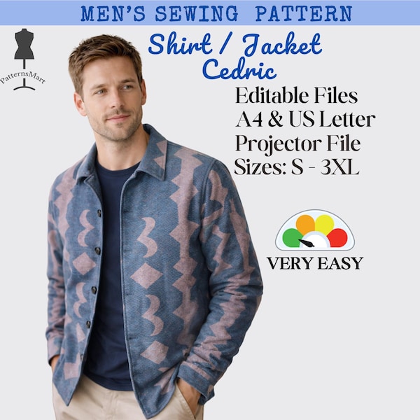 Men's Shirt Jacket Sewing Pattern: Easy Beginner Friendly DIY PDF Download (Sizes S-3XL)
