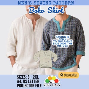 Może przedstawiać: Obraz wzoru szycia koszuli Boho. Obraz przedstawia dwie koszule, jedną kremową i jedną w niebieską kratę, z dekoltem w kształcie litery V. Tekst na obrazie zawiera "MEN'S SEWING PATTERN", "Boho Shirt" i "SIZES: S - 2XL".