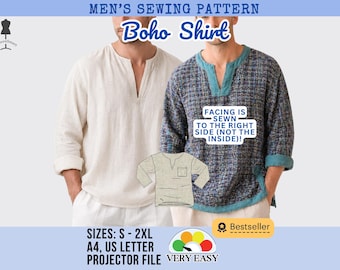 Men's Boho Shirt Sewing Pattern | Relaxed Fit, Long/Short Sleeve (PDF Pattern for Beginners)