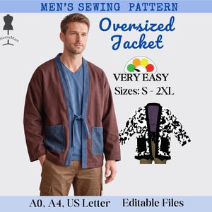 Może przedstawiać: Wykrój krawiecki na kurtkę oversize z tekstem Men's Sewing Pattern, Oversized Jacket, Very Easy, Sizes: S-2XL, A0, A4, US Letter, Editable Files. Obraz przedstawia brązową kurtkę z niebieskim wykończeniem i kieszeniami oraz wersję w łaty krowie.
