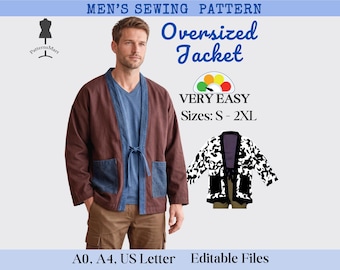 May include: A sewing pattern for an oversized jacket with text reading Men's Sewing Pattern, Oversized Jacket, Very Easy, Sizes: S-2XL, A0, A4, US Letter, Editable Files. The image shows a brown jacket with blue trim and pockets, and a cow print version.