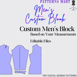 Op de afbeelding: Een digitaal naaipatroon voor een aangepast mannenblok. Het patroon wordt in vier delen getoond: een voorpand, een achterpand, een mouw en een deel voor de hals. Het patroon is lichtblauw en is gebaseerd op uw maten. De tekst "Custom Men's Block" en "Editable Files" is in de afbeelding opgenomen.