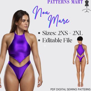Könnte beinhalten: Ein violetter zweiteiliger Badeanzug mit einem Neckholder-Oberteil mit spitzem Saum und einem hoch geschnittenen Bikini-Unterteil. Der Text lautet Patterns Mart, Noa Mare, Sizes: 2XS - 2XL, Editable File und PDF Digital Sewing Patterns.