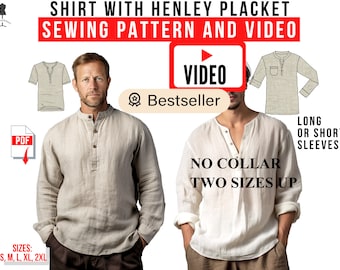 Men's Shirt Henley Collar Pattern Long or Short Sleeves PDF download to sew diy. Video, Boho, men's, piece of conversation