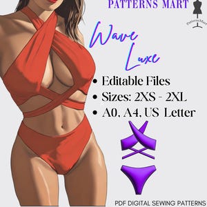 May include: A digital sewing pattern for a red and purple swimsuit with a criss-cross design. The pattern is available in sizes 2XS to 2XL and in A0, A4, and US Letter sizes. The pattern is called "Wave Luxe" and is available as an editable file.