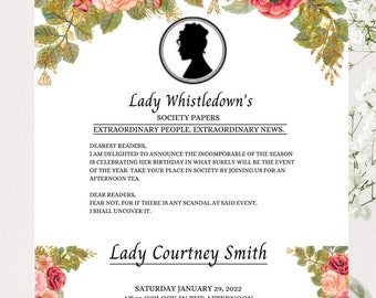 Tema Bridgerton, Invitación Bridgerton, Invitación de cumpleaños, Invitación floral rosa, Plantilla editable, Descarga digital