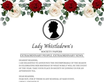 Invitación con tema de Bridgerton, invitación con artículos de la Sociedad de Lady Whistledown, plantilla editable