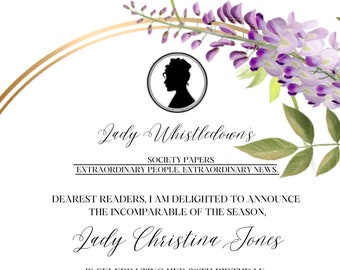Bridgerton Theme Bridal Shower Invitation, Lady Whistledown's Society Papers Theme, Floral, Wisteria, Editable Template, Digital File