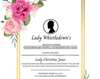 Bridgerton Theme, Bridal Shower Invitation, Lady Whistledown's Society Papers Theme, Floral Invitation, Pink Flowers, Editable Template