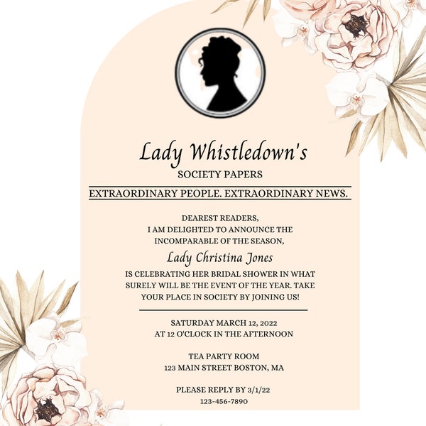 Bridgerton Theme Invitation, Lady Whistledown's Bridal Shower Invitation, Bridal Shower Invitation, Editable Template