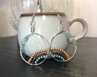 Colorful silver beaded hoop earrings, handmade multicolored earrings are a great gift for mom, statement earrings for her on her birthday