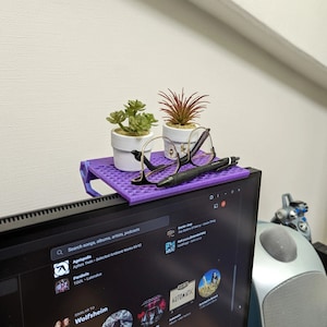 Pode incluir: Um suporte para monitor roxo impresso em 3D com um padrão de favo de mel. Duas pequenas suculentas em vasos e um par de óculos estão no suporte. Uma caneta preta está apoiada no suporte.