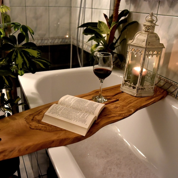 Wooden bath caddy, olive wood bath tray, Bath shelf, Bathtub tray, Bath accessories, Live edge bath board, Bathroom decor, Gift for her