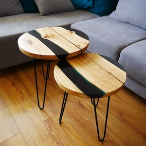 A set of coffee tables made of oak wood with epoxy resin, oak coffee table, coffee table for the living room.