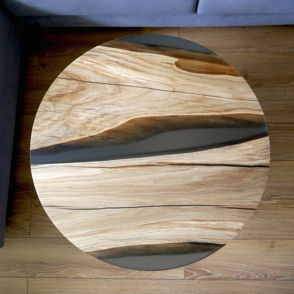 Table basse ronde sur mesure en bois de chêne et résine époxy, table basse insolite
