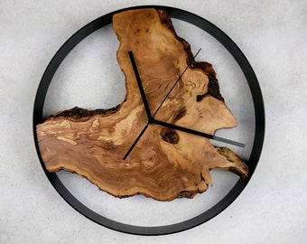 Horloge murale unique en bois d’olivier - Fabriquée à la main