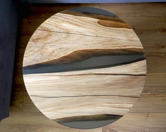 Mesa de centro redonda hecha a medida en madera de roble y resina epoxi, mesa de centro inusual
