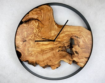 Horloge murale unique en bois d'olivier 45 cm - Faite à la main