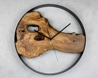 Horloge murale unique en bois d'olivier 40 cm - Faite à la main