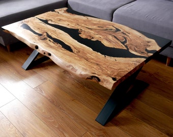 Table basse époxy sur mesure, table basse personnalisée, salon, table de salon, table Live Edge, table en bois d'olivier