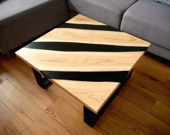 Table basse carrée 70x70 cm, chêne naturel, résine