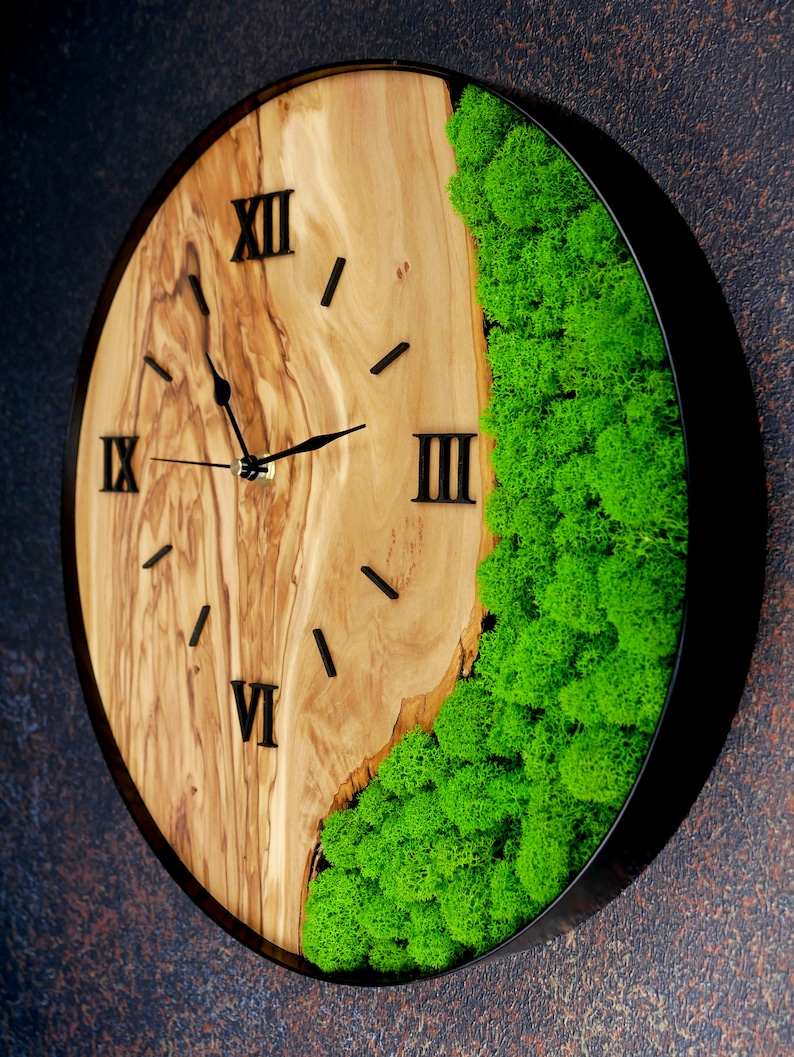 Horloge murale sur mesure avec de la mousse, horloge murale en bois, horloge pour le salon, la chambre, le bureau, décoration d'intérieur image 5