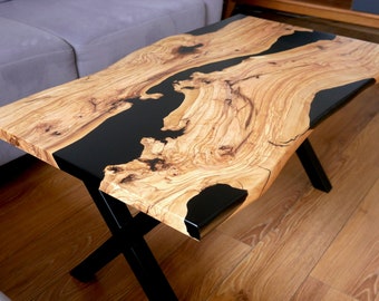 Table basse époxy sur mesure, table basse personnalisée, salon, table de salon, table Live Edge, table en bois d'olivier