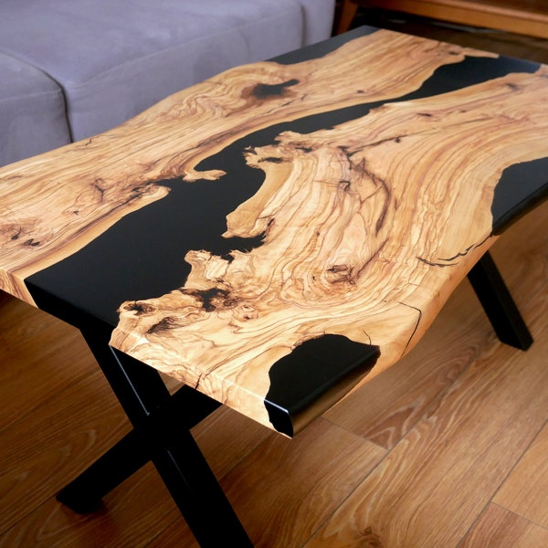 Custom made epoxy coffee table, custom coffee table, living room, living room table, Live Edge Table, olive wood table