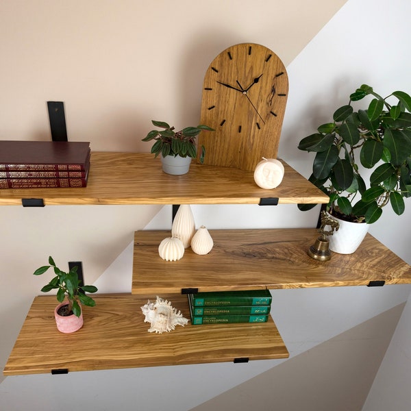 Wall shelf with steel supports, wide: 25cm, wooden wall shelf, architectural shelf, wood shelf