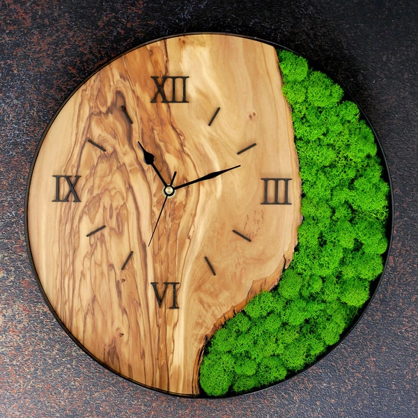 Custom made wall clock with moss, Wooden wall clock, Clock for the living room, bedroom, office, Home decor