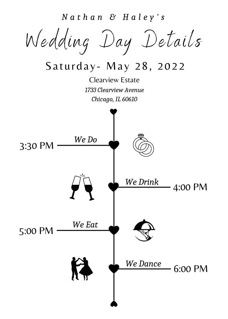 Wedding Timeline, Wedding Details Card, Wedding Itinerary, Wedding Day