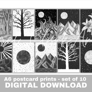 Hand Drawn Scenic Postcard Prints, Set of 10 Printables