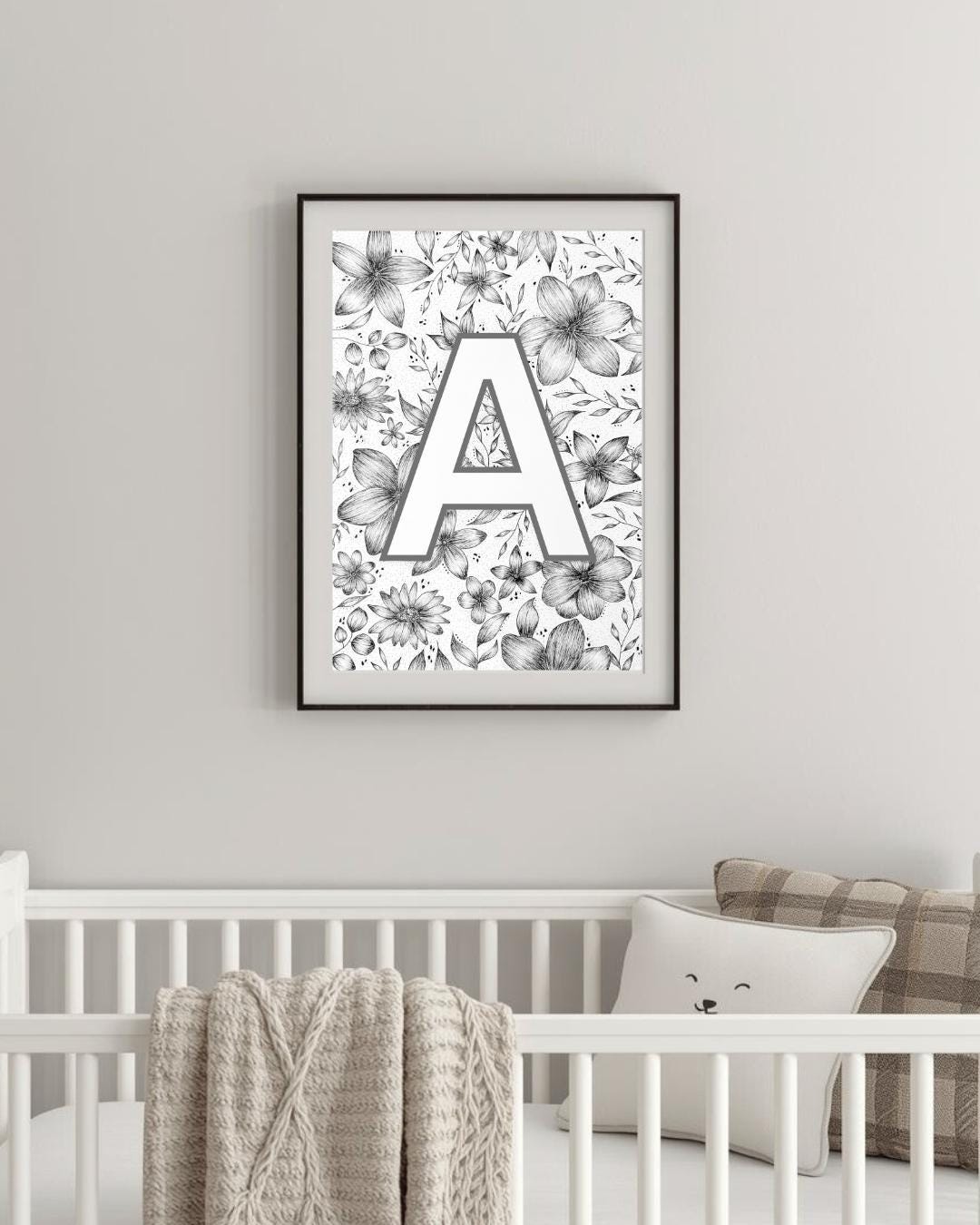 Floral Initial Nursery Print, Hand Drawn Wall Art, Kids Room Decor ...
