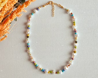 Rainbow Beaded Necklace, Colorful Pearl Bead Necklace, Beaded Choker, Seed Beaded Necklace, Freshwater Pearl Necklace, Colorful Pearl Choker