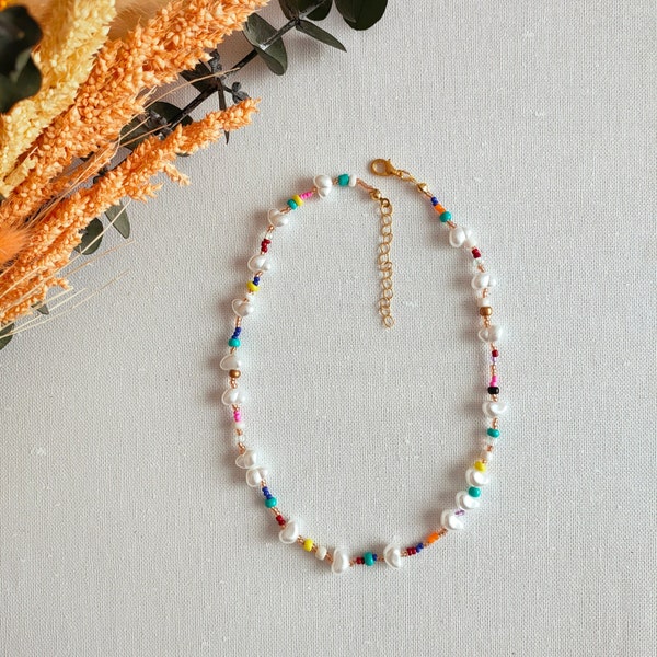 Pearl Beaded Necklace, Rainbow Bead Necklace, Colorful Pearl Necklace, Kids Necklace, Beaded Choker, Seed Bead Necklace, Mother Necklace