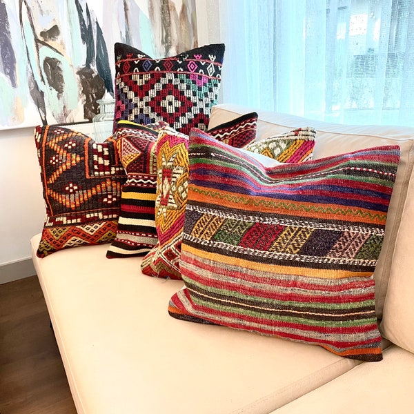 Set of 5 Throw Pillow,  20x20 Turkish Kilim Pillow, Handwoven Moroccan Pillow, Persian Pillow, Vintage Decorative Pillow, Bohemian Pillow