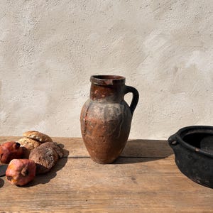 Antique Terracotta Vase, Rustic Turkish Pottery, Primitive Jug, Aged Vessel, Brown Pot, Wabi Sabi Pottery