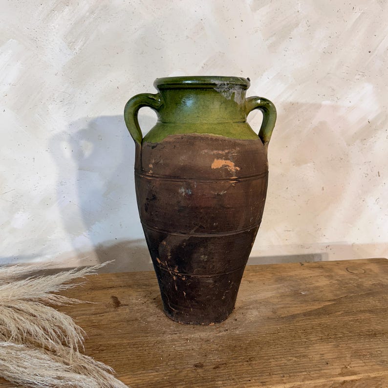 Green Antique Turkish Vase, Vintage Ceramic Flower Pot, Rustic Home