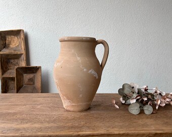 Vase en terre cuite beige, pot d'olives turques, poterie rustique, vase vintage, pichet primitif, vase Wabi Sabi, cadeau déco, vase neutre confortable