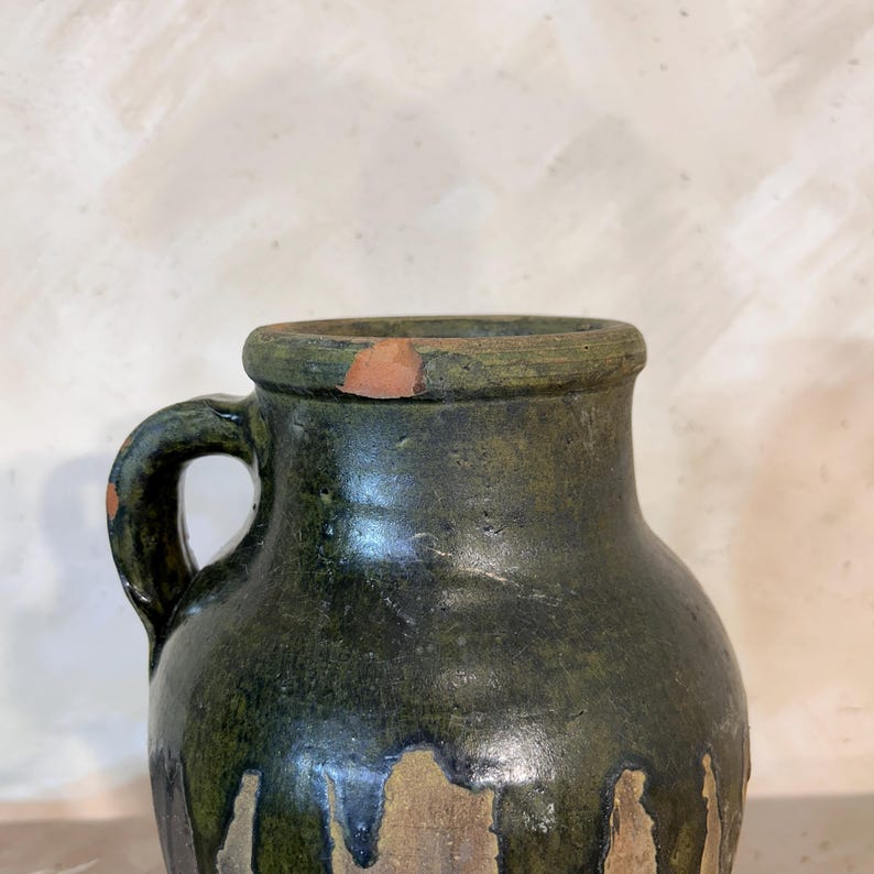 Green Antique Turkish Vase, Vintage Ceramic Flower Pot, Rustic Home