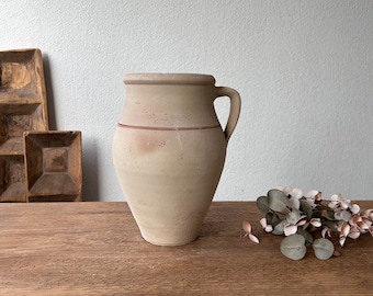 Vase ancien en terre cuite, pot à olives turc, poterie rustique et beige, vase vintage, pichet primitif, vase Wabi Sabi, cadeau pour la maison, navire historique