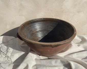 Large Vintage Handmade Terracotta Bowl - Decorative Glazed Coffee Table Bowl