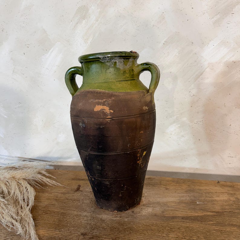 Green Antique Turkish Vase, Vintage Ceramic Flower Pot, Rustic Home