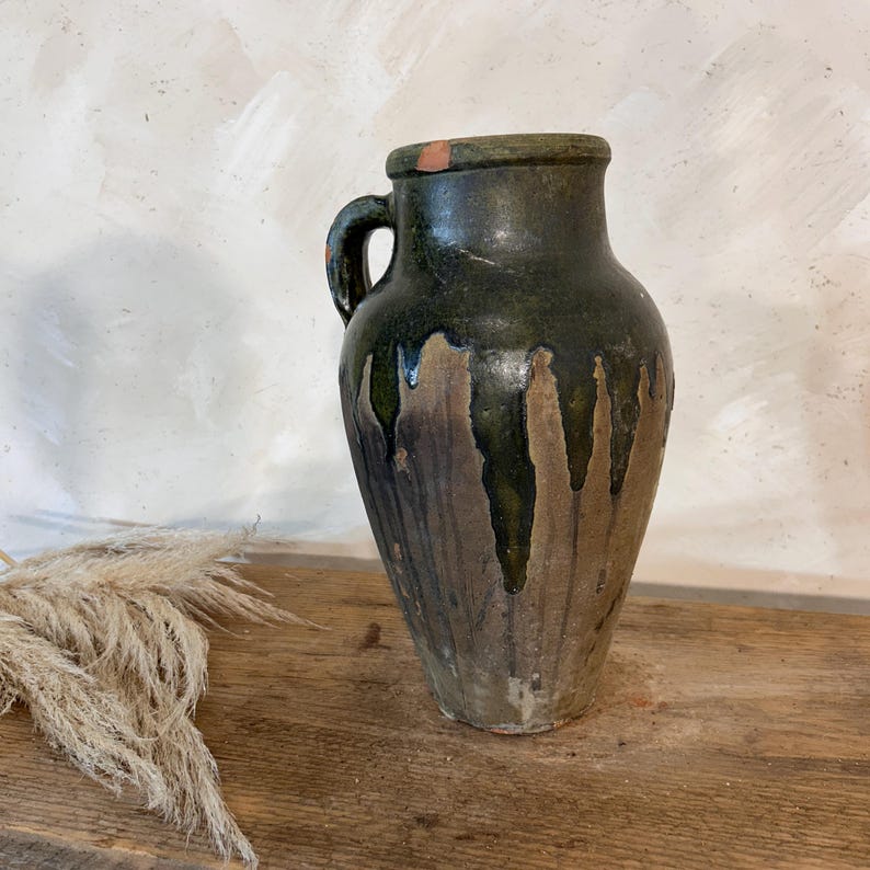 Green Antique Turkish Vase, Vintage Ceramic Flower Pot, Rustic Home