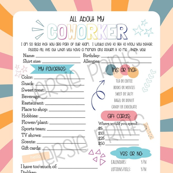 All About My Coworker / Coworker Favorite Things / New Employee / Get to know your coworker / Coworker Questionnaire / Coworker Survey