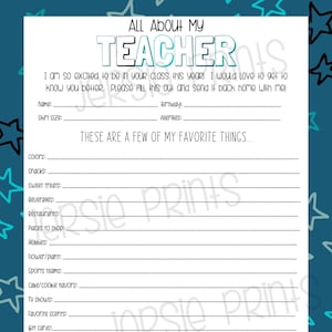 Todo sobre mi maestro / Cosas favoritas de los maestros / Primer día de clases / Conóceme / Cuestionario para maestros / Maestro masculino / Encuesta del PTO