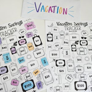 May include: Two vacation savings trackers with suitcase illustrations and amounts to save. One tracker has colored suitcases. The word "VACATION" is written in colorful letters above. The trackers are designed to save $1,450.