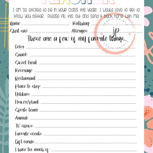 All About My Teacher Gift Information Sheet First Day of Etsy